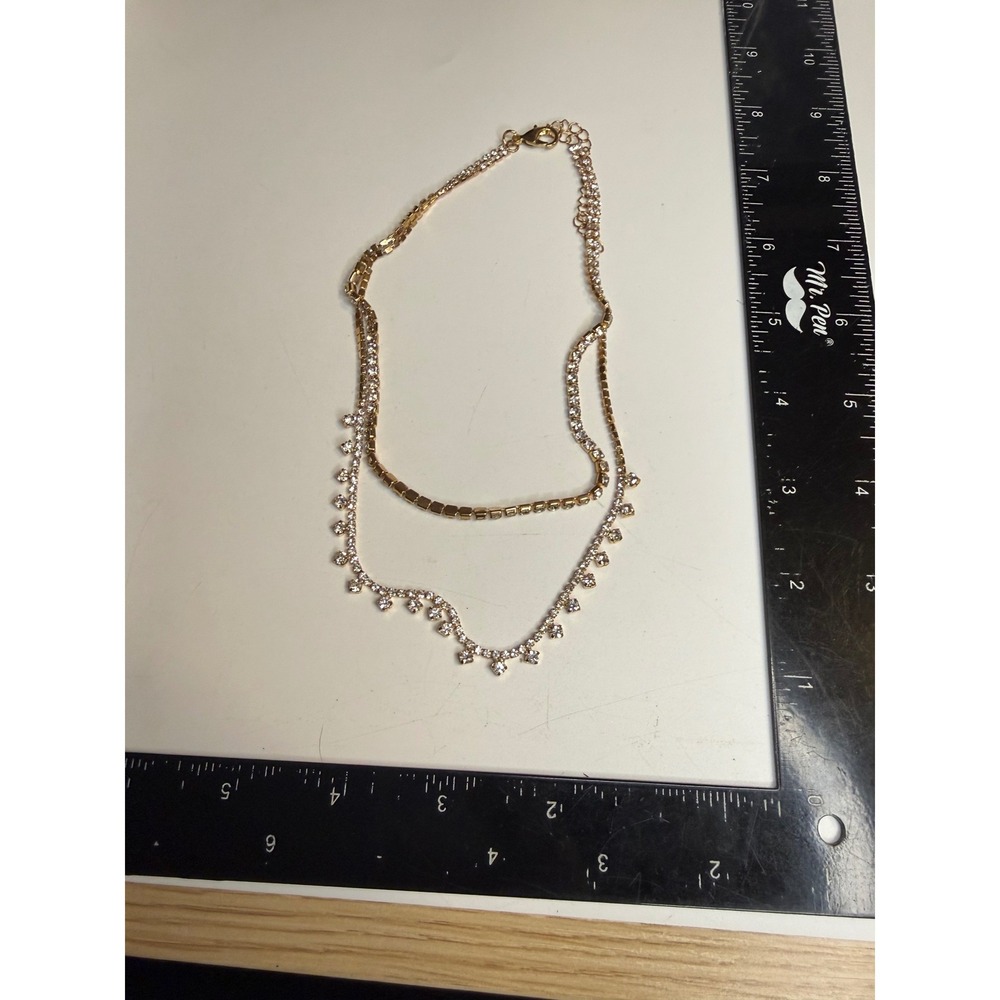 Gold Tone Rhinestone Fringe Layered Necklace Clear Crystal Tennis Chain 15-18"